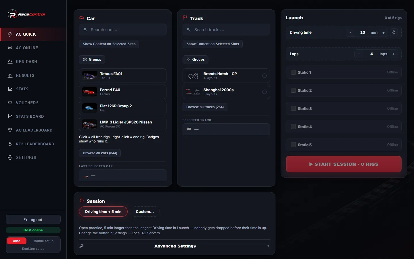 Ekran AC Quick Launch w RaceControl z kafelkami statusu każdego symulatora